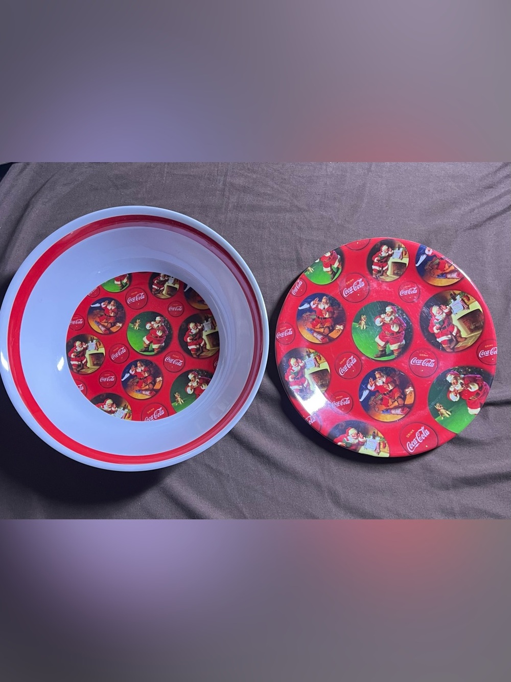 Gibson Coca Cola Santa Christmas Tree Melamine Plate 9" Bowl 10” Lot